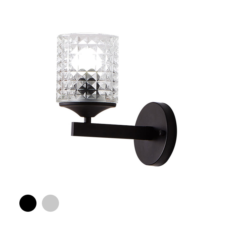 BowLift | Cylinder Clear Textured Glass Wall-mounted Modern Single Bulb Bedroom Wall Light in Black/Silver