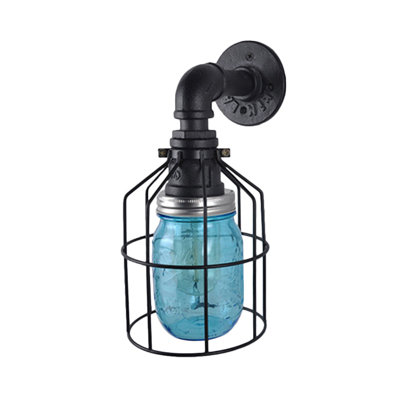 BowLift | Blue/Clear Glass Shade Wall Lamp with Wire Cage Industrial Style Glass 1 Bulb Restaurant Wall Light