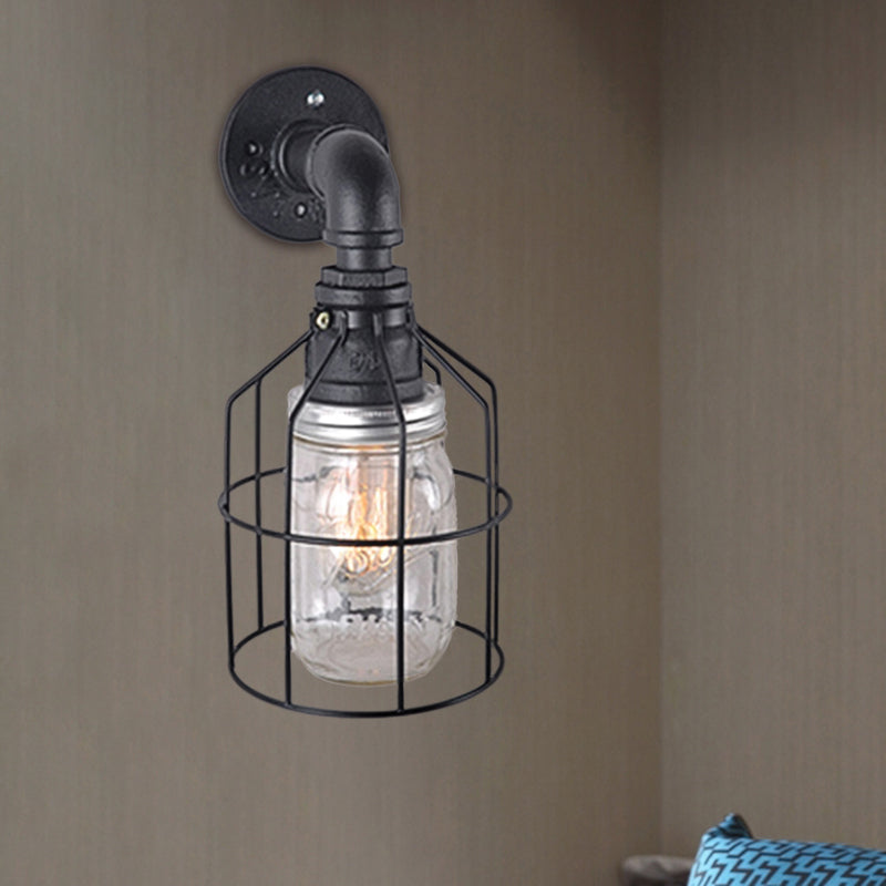 BowLift | Blue/Clear Glass Shade Wall Lamp with Wire Cage Industrial Style Glass 1 Bulb Restaurant Wall Light