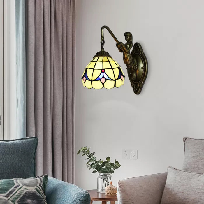 BowLift | 1 Head Dome Wall Light Baroque White/Beige Glass Wall Mount Lighting with Mermaid Backplate, 6"/8" Width