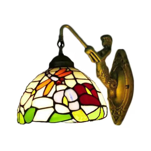 BowLift | Dome Wall Lamp Fixture Baroque Spotted Glass 1 Head Bronze Wall Lamp with Flower/Dragonfly/Morning Glory Pattern