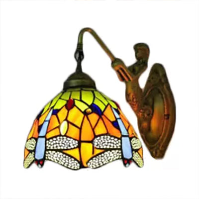 BowLift | Dome Wall Lamp Fixture Baroque Spotted Glass 1 Head Bronze Wall Lamp with Flower/Dragonfly/Morning Glory Pattern