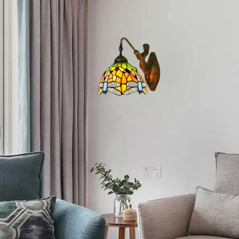 BowLift | Dome Wall Lamp Fixture Baroque Spotted Glass 1 Head Bronze Wall Lamp with Flower/Dragonfly/Morning Glory Pattern