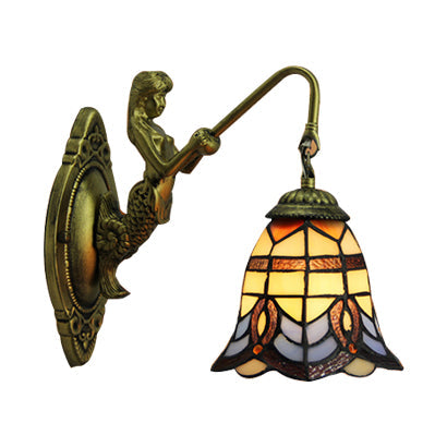 BowLift | Bell Stained Glass Wall Lamp Baroque 1 Head 6"/8" Wide Bronze Wall Mounted Light with Mermaid Backplate