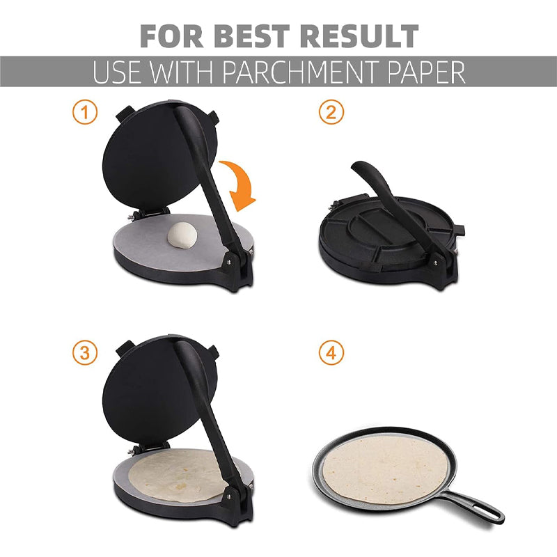 BowLift | 10 Inch Tortilla Press Cast Iron Tortilla Maker Taco Press with Parchment Paper Dough Maker
