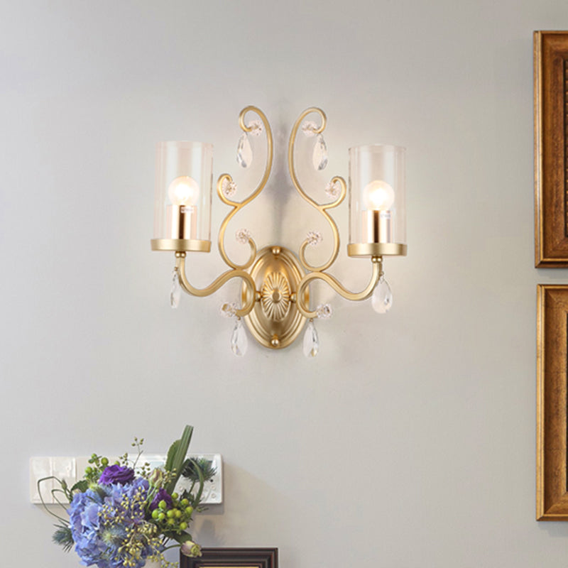 BowLift | 1/2-Pear Clear Glass Wall Mounted Light Simple Brass Finish Cylinder Wall Lighting Ideas with Crystal Accent