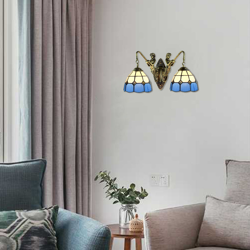 BowLift | 2 Heads Wall Mounted Lamp Tiffany Dome/Cone Multicolored Glass Wall Light made of Brass with Gemstone/Rhombus/Circle Pattern