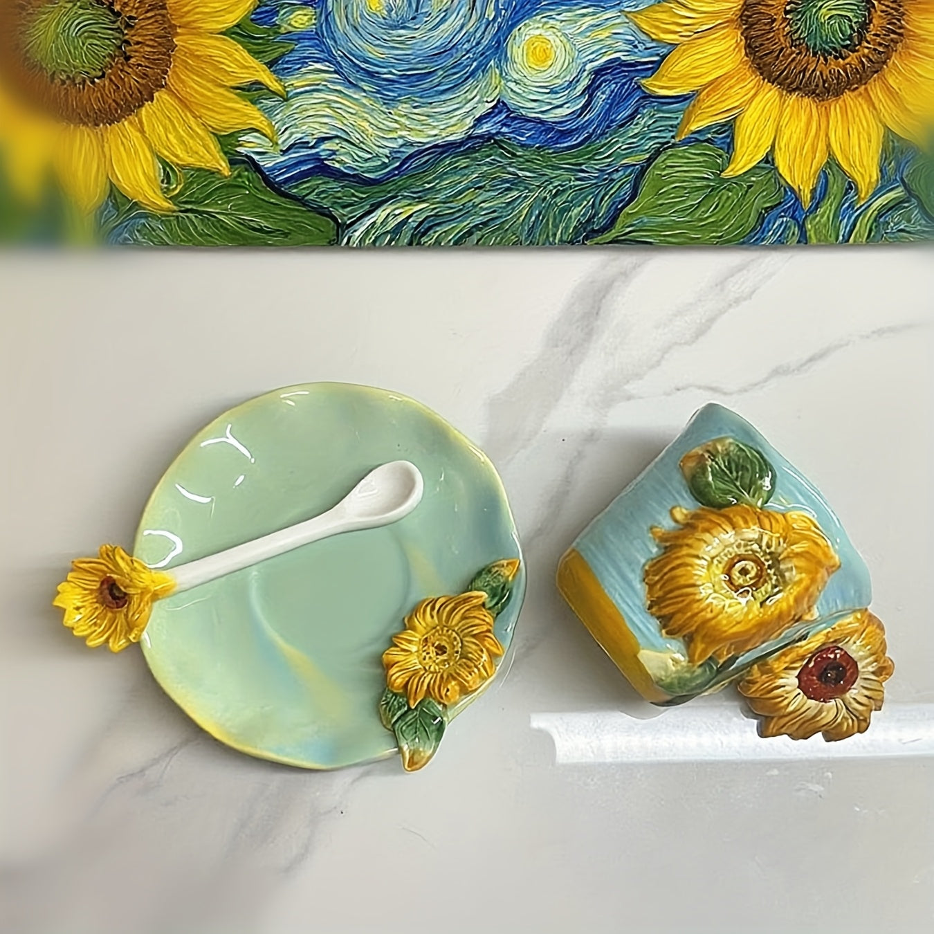 BowLift | ArtSip Ceramic Cup & Saucer Set – Hand-painted 3D Design inspired by Van Gogh