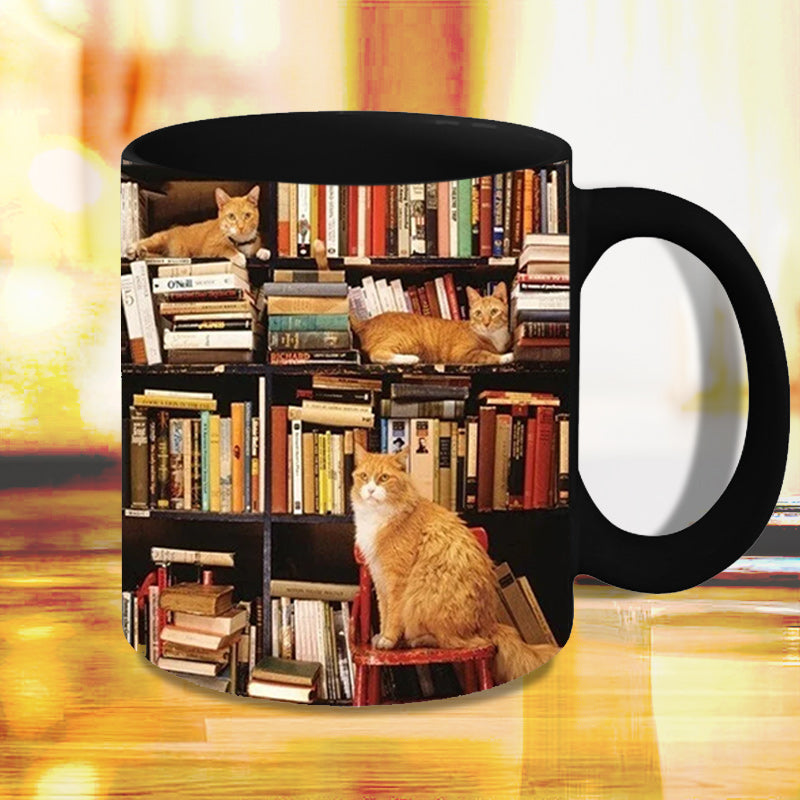 BowLift | Bookshelf Ceramic Coffee Mug - Gift for Cat Book Lovers