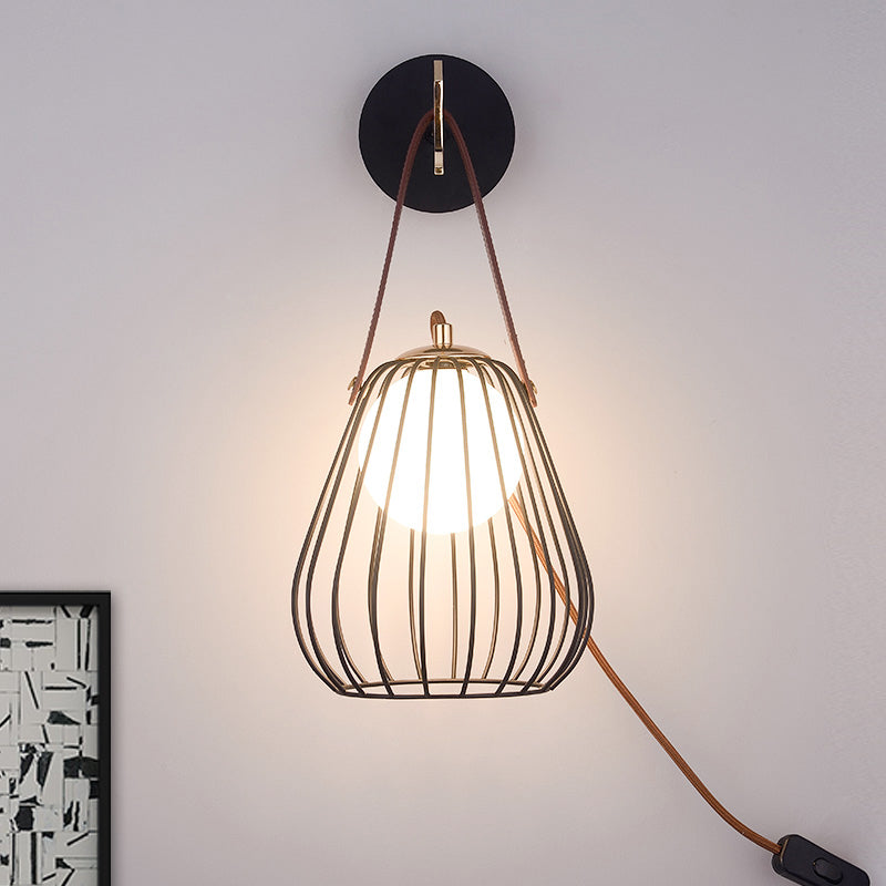 BowLift | Pear cage iron wall sconce minimalist 1-head black surface LED wall lighting ideas with leather handle