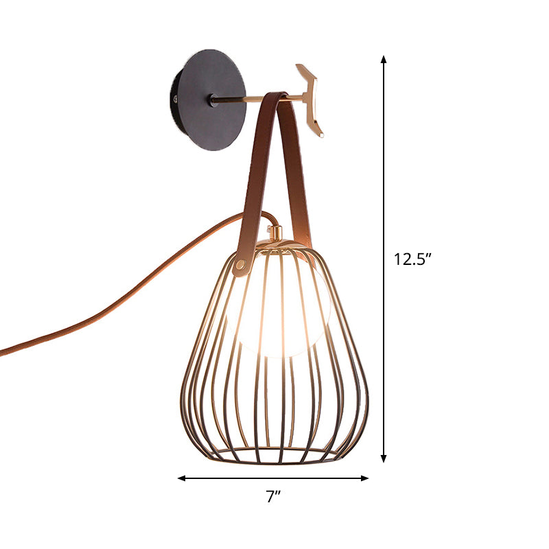 BowLift | Pear cage iron wall sconce minimalist 1-head black surface LED wall lighting ideas with leather handle