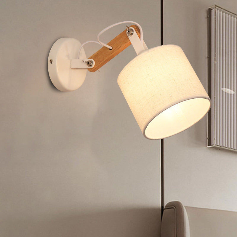 BowLift | Fabric Cylinder Wall Mount Lighting Modernist 1 Bulb White Wall Lamp with Adjustable Wooden Arm