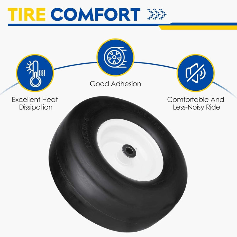 BowLift | 13x5-6" Flat Free Lawn Mower Tires 3.25"-5.9" Hub 2 Pack Tubeless Tractor Tires with 3/4" Greased Bushing