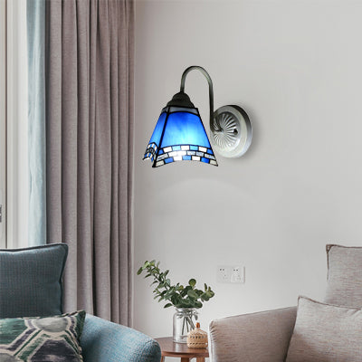 BowLift | 1 head living room wall lamp Mediterranean white wall lamp with pyramid blue glass shade