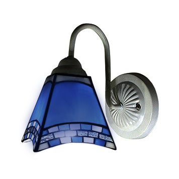 BowLift | 1 head living room wall lamp Mediterranean white wall lamp with pyramid blue glass shade