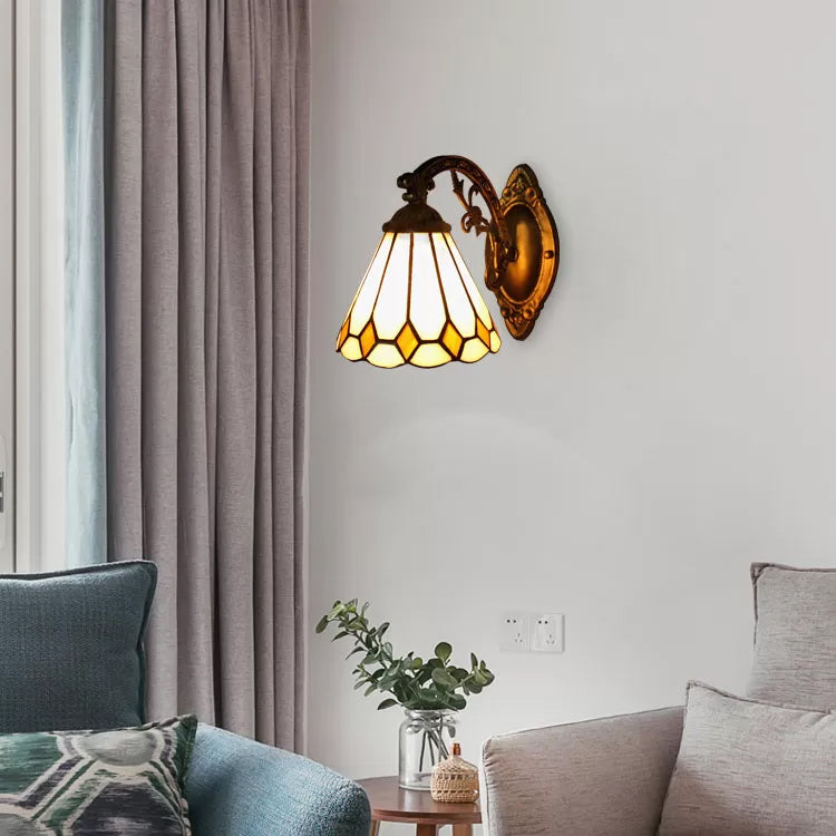 BowLift | Cone Mini Wall Lamp with Ribbed Lampshade 1 Light Art Glass Tiffany Wall Lighting in Brass