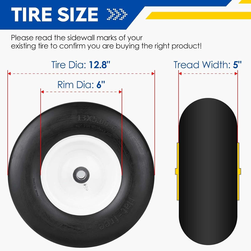 BowLift | 13x5-6" Flat Free Lawn Mower Tires 3.25"-5.9" Hub 2 Pack Tubeless Tractor Tires with 3/4" Greased Bushing