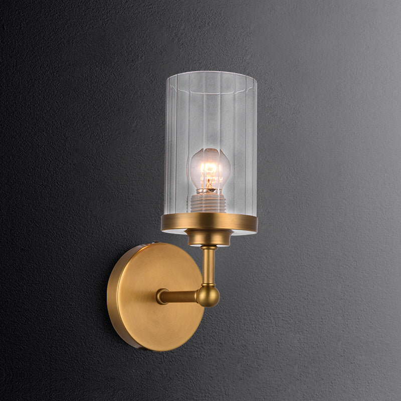 BowLift | Brass Cylinder Wall Lighting Idea Postmodern 1-Head Clear Ribbed Glass Wall Mount Lamp