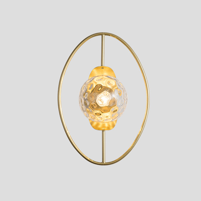 BowLift | Clear Dimpled Glass Orb Wall Light Modern 1-Lamp Black/Gold Wall Lamp with Ring Detail