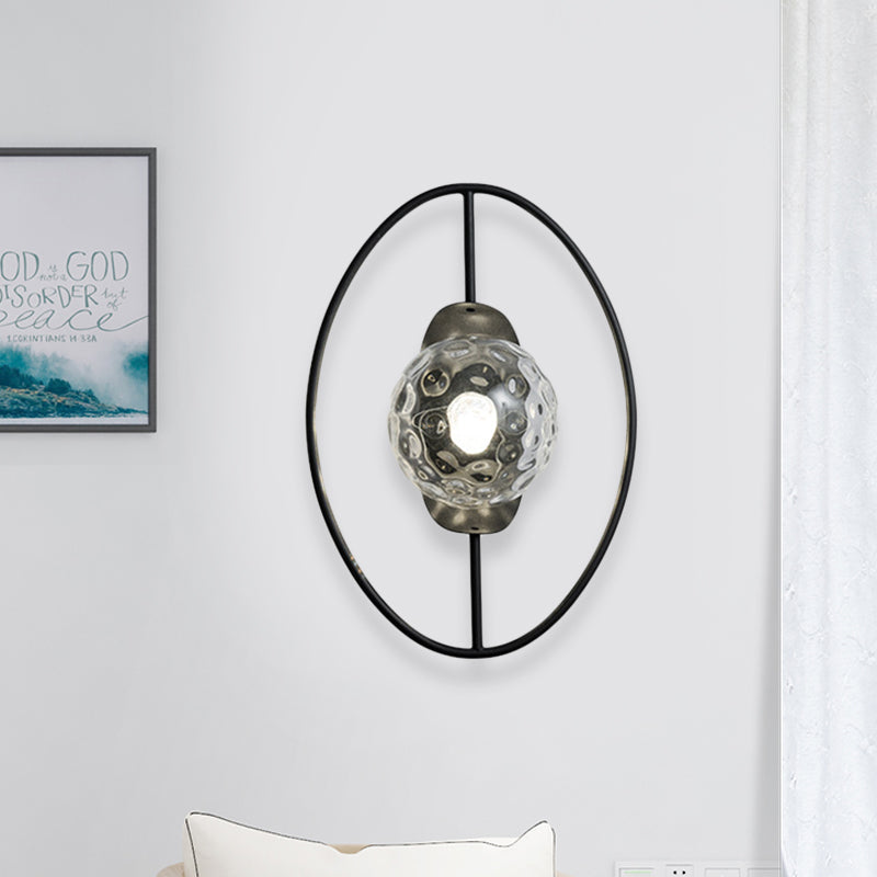 BowLift | Clear Dimpled Glass Orb Wall Light Modern 1-Lamp Black/Gold Wall Lamp with Ring Detail