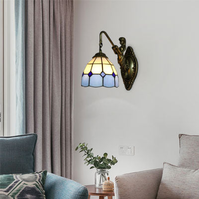 BowLift | 1 Head Wall Mount Light Tiffany Grid Pattern White and Blue Glass Wall Lamp Light