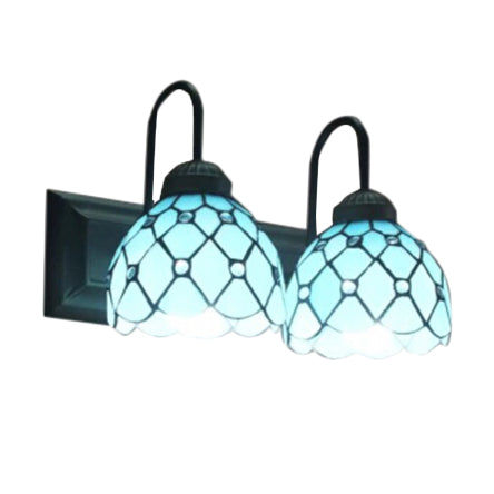 BowLift | 2 Heads Dome Wall Mounted Light Tiffany Blue Glass Wall Lamp in Black