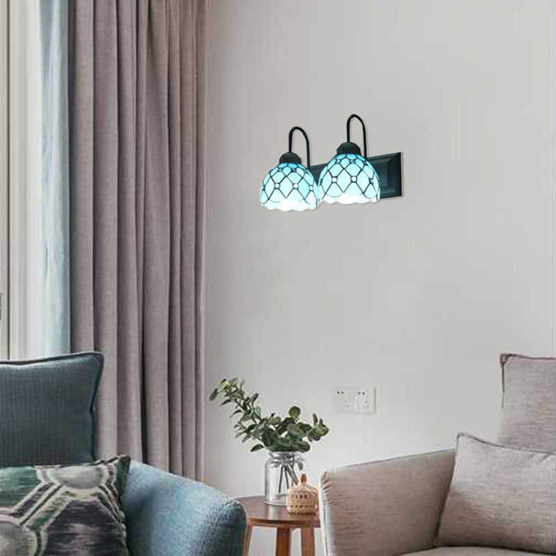 BowLift | 2 Heads Dome Wall Mounted Light Tiffany Blue Glass Wall Lamp in Black