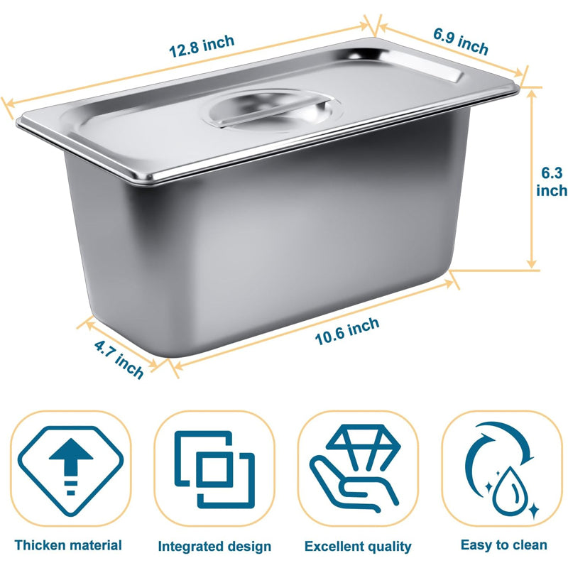 BowLift | 1/3 Size 6 Inch Deep Stainless Steam Hotel Pan with Lid 0.8 mm Thick for Commercial Party Restaurant Hotel