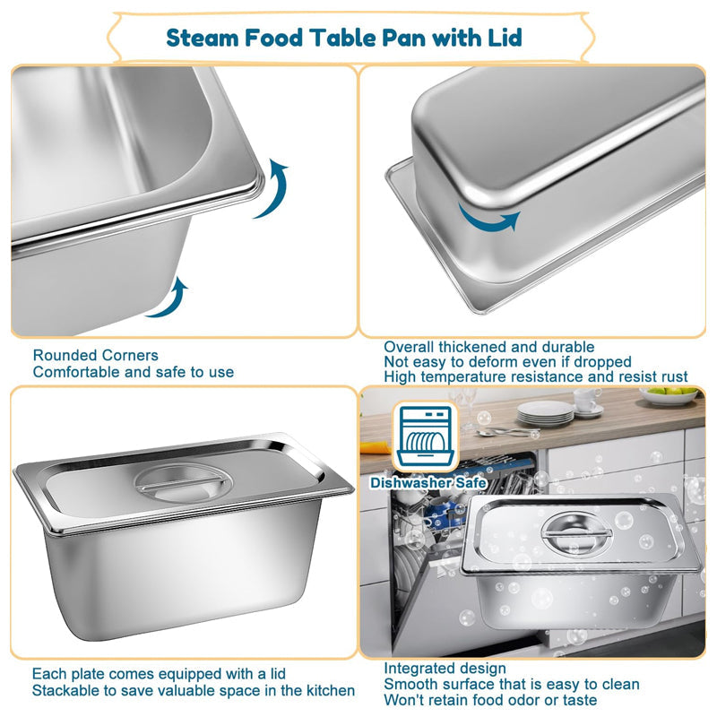 BowLift | 1/3 Size 6 Inch Deep Stainless Steam Hotel Pan with Lid 0.8 mm Thick for Commercial Party Restaurant Hotel