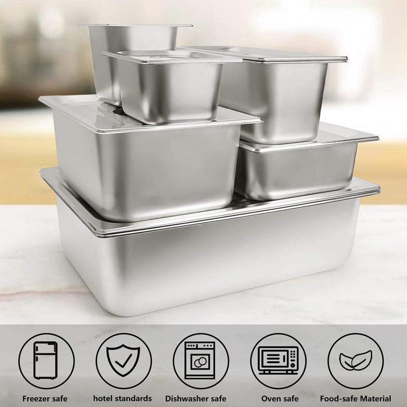 BowLift | 1/3 Size 4 Inch Deep Stainless Steel Hotel Pans With Lids Anti-Jam Catering Food Storage Metal Pan