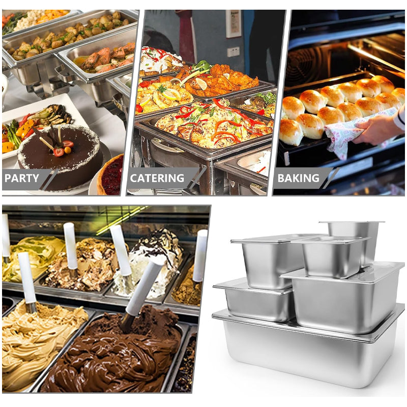 BowLift | 1/3 Size 4 Inch Deep Stainless Steel Hotel Pans With Lids Anti-Jam Catering Food Storage Metal Pan