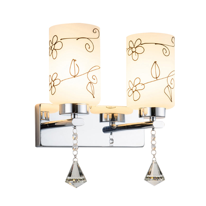 BowLift | White Glass Cylinder Wall Lamp Modern 2 Bulbs Wall Mounted Lighting in Chrome with Flower Pattern