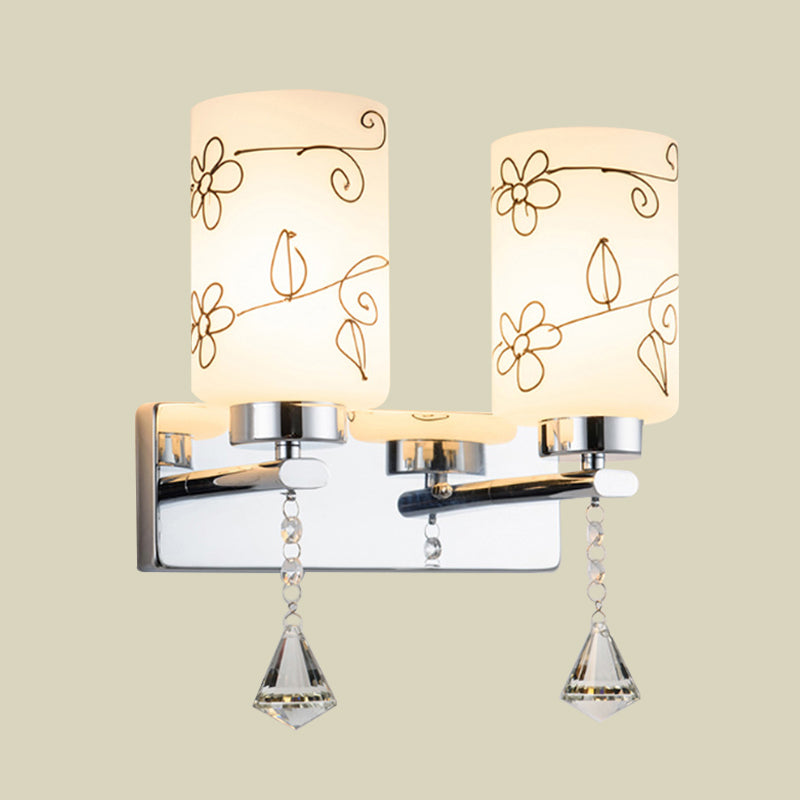 BowLift | White Glass Cylinder Wall Lamp Modern 2 Bulbs Wall Mounted Lighting in Chrome with Flower Pattern