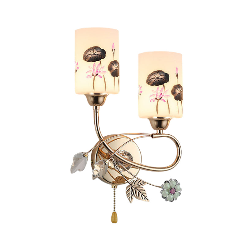 BowLift | Cylinder Wall Light Modernism Lotus Painted Glass 2-Head Gold-Finish Wall Light with Pull Chain