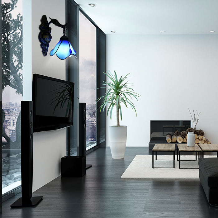 BowLift | Clear/Pink/Light Blue/Dark Blue/Beige Petal Shade Wall Light Tiffany Style 1 Light Stained Glass Wall Lighting in Antique Brass