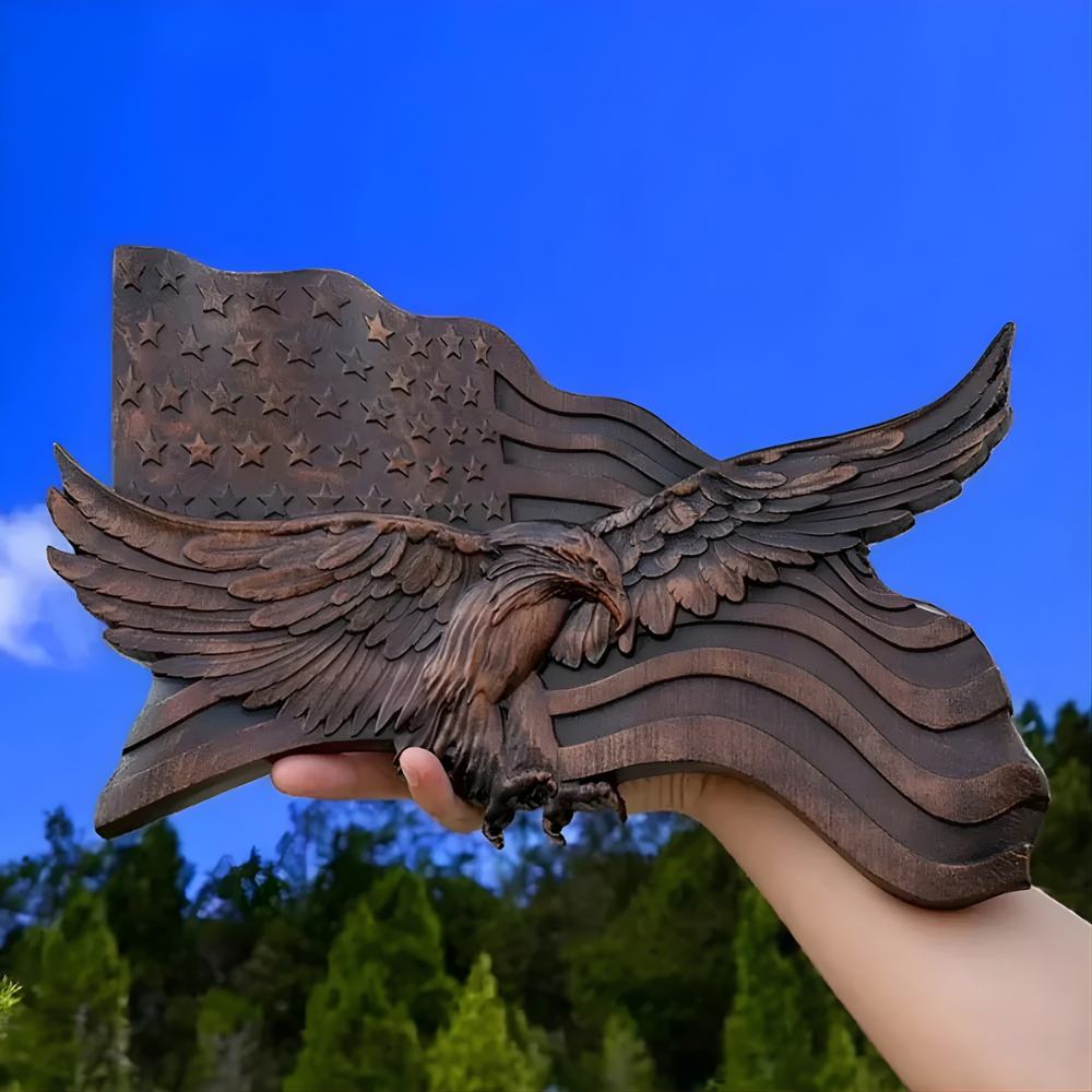 BowLift | American Flag Wood Wall Art Hand Carved Eagle Patriotic Decoration