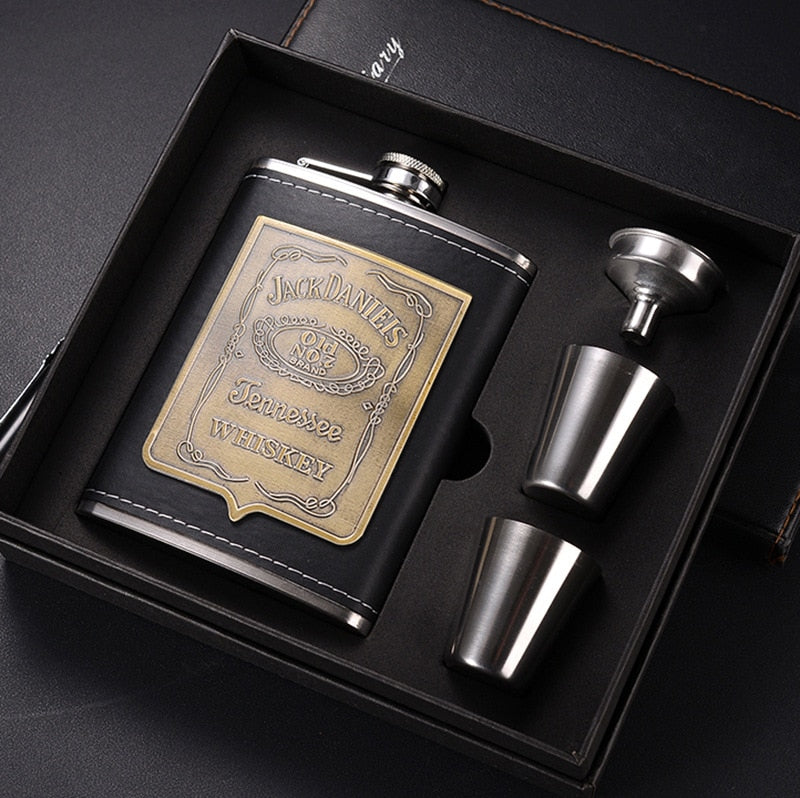 BowLift | 8oz Whisky Bottle made of Stainless Steel Alcohol Funnel Hip Flask Embroidered Golden Silk Fabric Packaging Gift Box Set