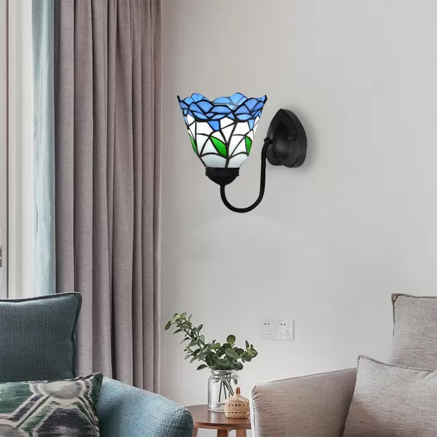 BowLift | Stained Glass Flower Wall Lamp Tiffany 1 Head White/Black/Sky Blue Wall Lamp for Living Room