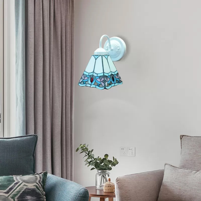 BowLift | Stained Glass Flower Wall Lamp Tiffany 1 Head White/Black/Sky Blue Wall Lamp for Living Room