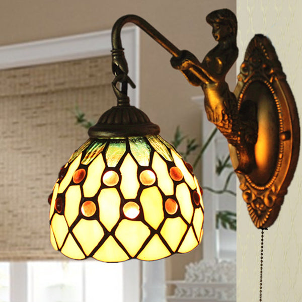 BowLift | 1 head wall light fixture Tiffany dome beige glass sconce lighting with pull chain switch