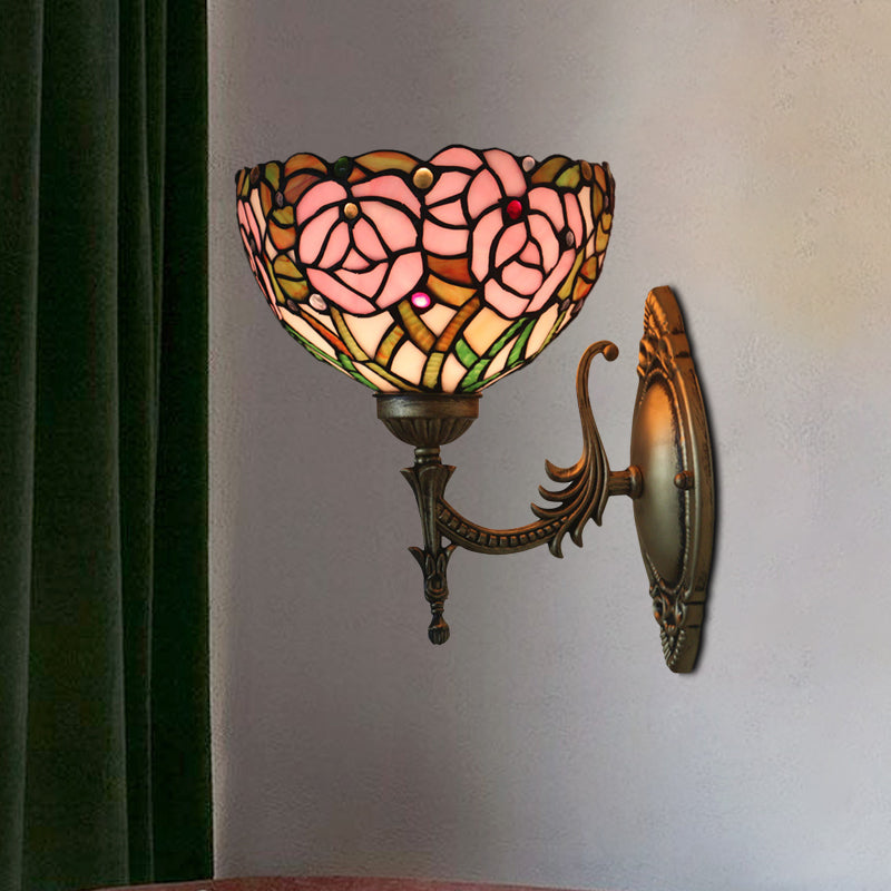 BowLift | Pink Wall Mounted Lighting Tiffany 1 Lamp Glazed Glass Wall Lamp with Bronze Engraved Arm
