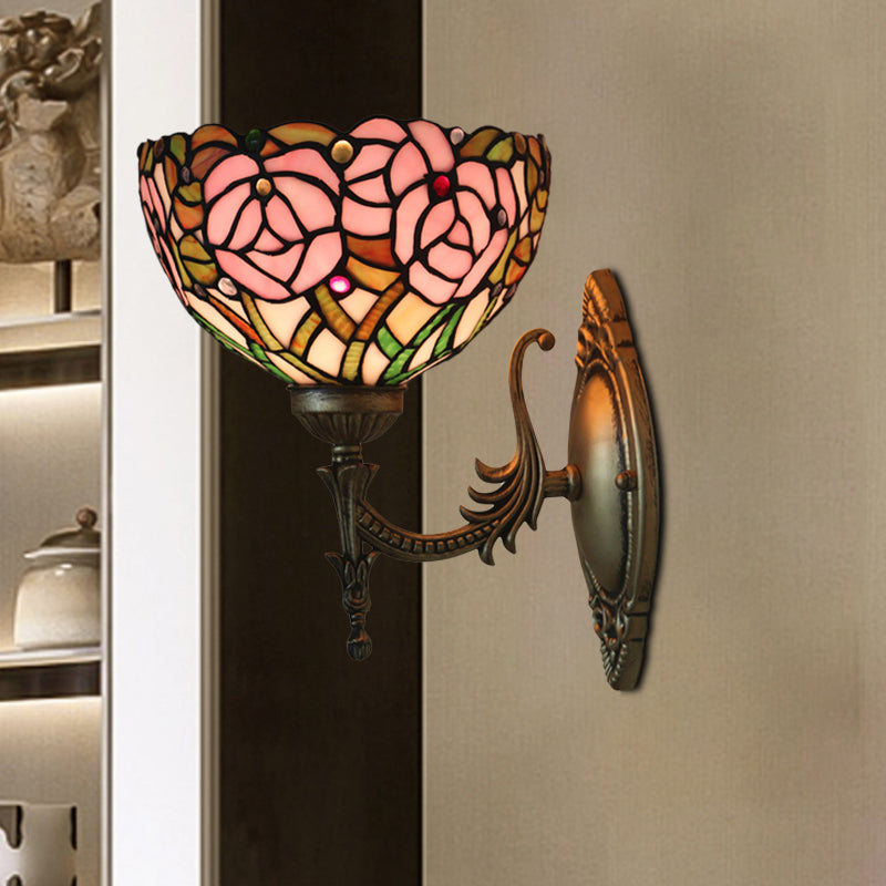 BowLift | Pink Wall Mounted Lighting Tiffany 1 Lamp Glazed Glass Wall Lamp with Bronze Engraved Arm