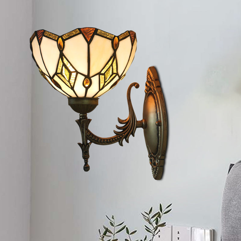BowLift | Baroque Flower-Shaped Wall Lamp 1 Head Beige Glass Wall Mounted Lamp in Bronze for Bedroom