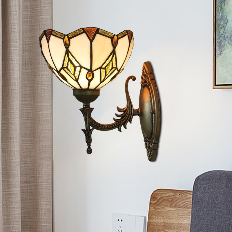 BowLift | Baroque Flower-Shaped Wall Lamp 1 Head Beige Glass Wall Mounted Lamp in Bronze for Bedroom