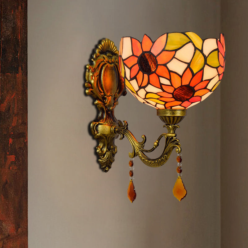 BowLift | Sheepflower Pattern Dome Wall Lamp 1 Bulb Cut Glass Tiffany Wall Lighting Fixture with Brass Curved Arm