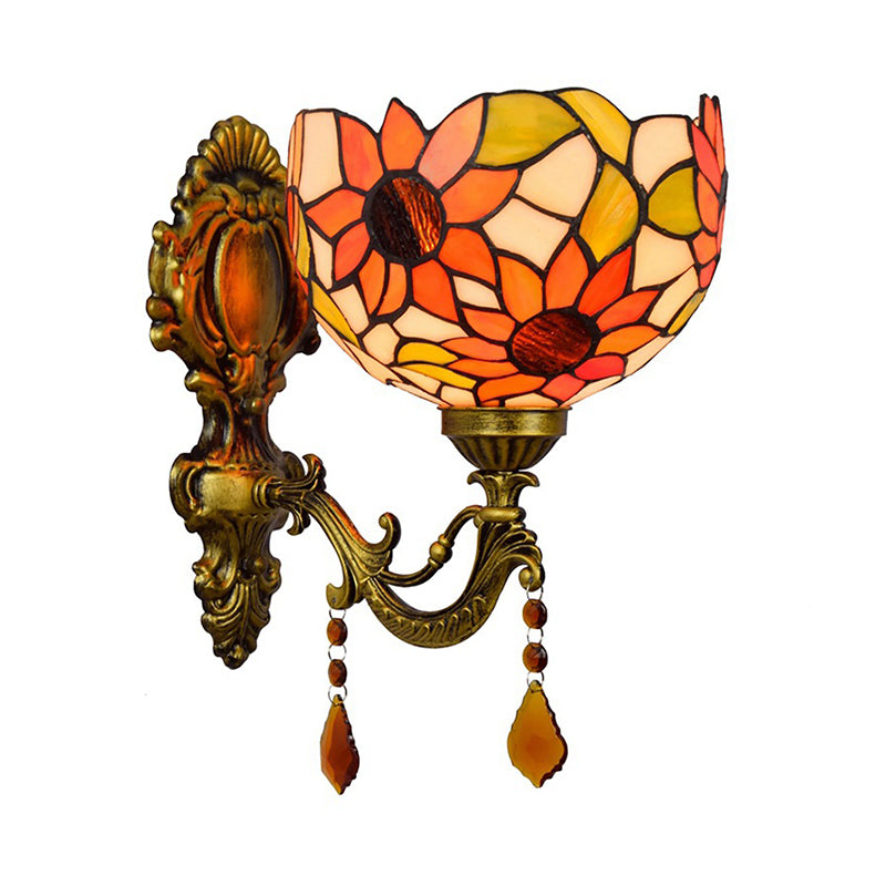 BowLift | Sheepflower Pattern Dome Wall Lamp 1 Bulb Cut Glass Tiffany Wall Lighting Fixture with Brass Curved Arm