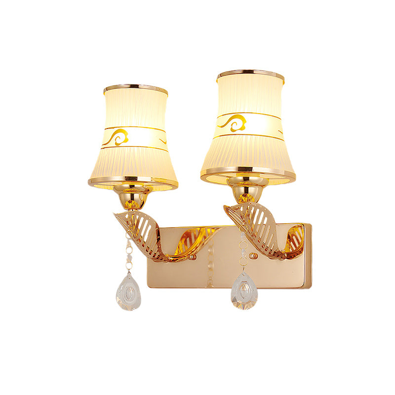BowLift | Flared Ribbed Glass Wall Sconce Light Traditional 2-Bulb Dining Room Wall-Mounted Fixture in Gold