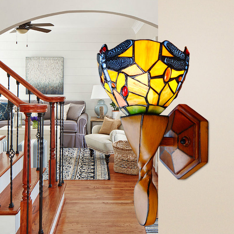 BowLift | Yellow Dragonfly Decor Wall Lamp Vintage Stained Glass 1 Head Wall Lamp Lighting for Hallway