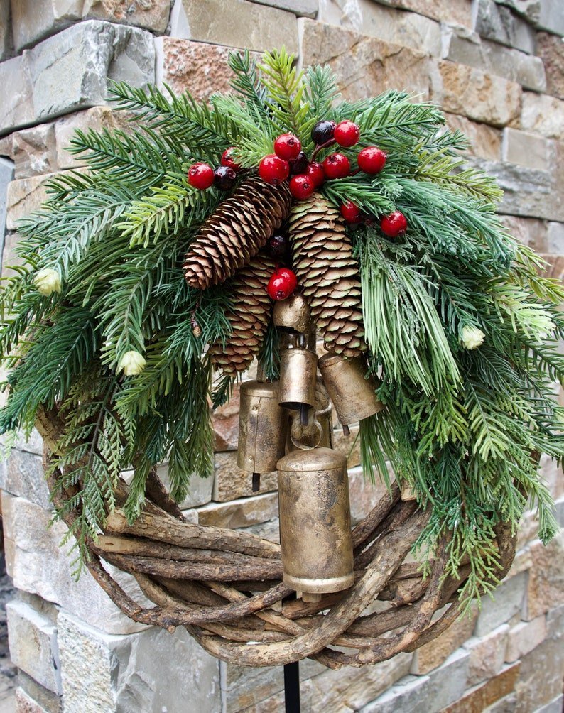 BowLift | Christmas Wreath | Boho Style | Rustic Vine Base with Pinecones & Golden Bells