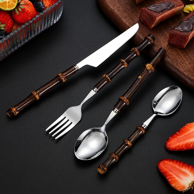 BowLift | Black Bamboo Dinnerware Set - Upscale Stainless Steel Fork and Spoon Tableware